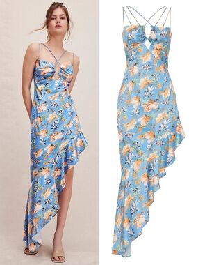 Nookie Simone Cut Out Asymmetrical Frill Maxi Dress Blue Yellow Floral Medium